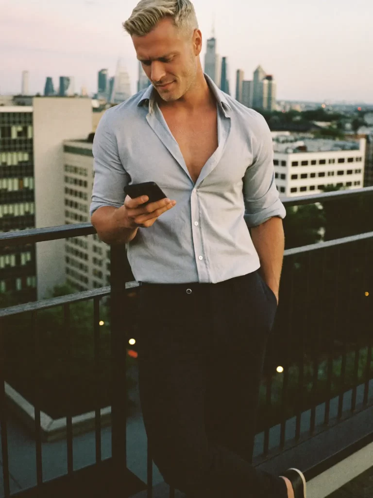 Mann tippt Flirt Nachricht vor Frankfurter Skyline bei Sonnenuntergang – Er sucht ihn Frankfurt Gay Dating Rooftop